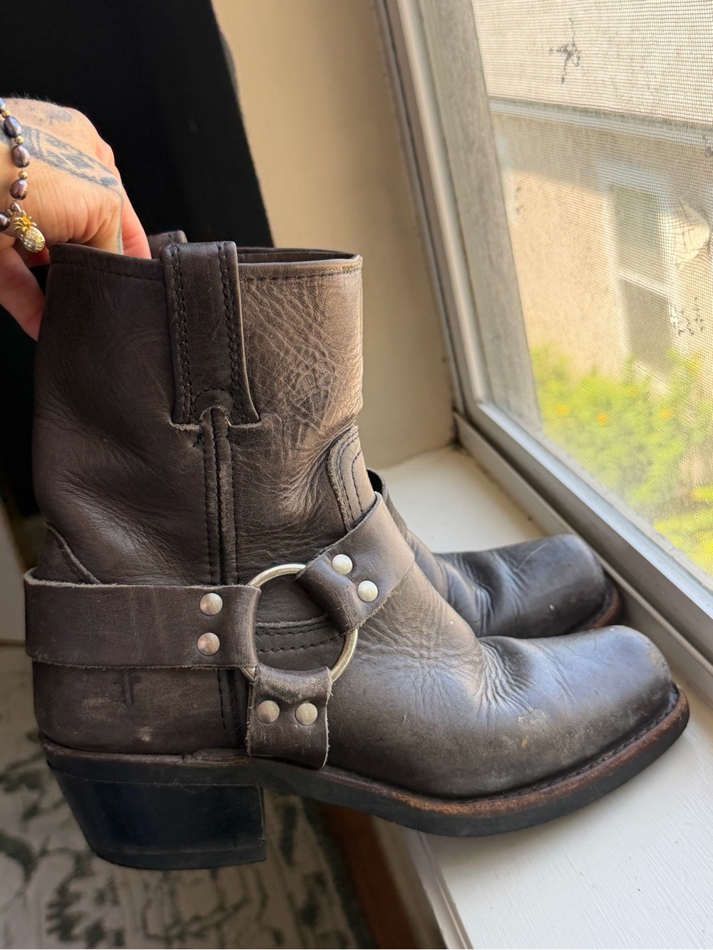 Frye Gray Distressed  Leather Harness Boots - Classic Moto Style - Size 8W
